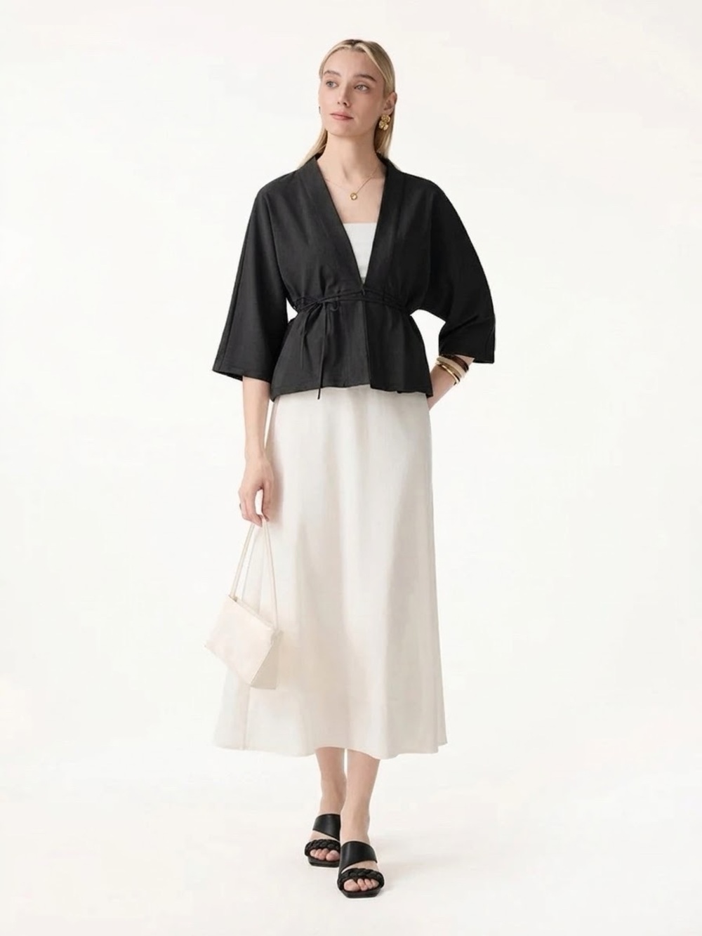 OGL Black Lyocell-Linen 3/4 Sleeve Cardigan Size Medium